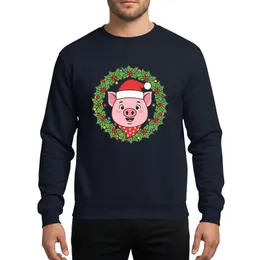 Pig Lovers' Christmas Whimsical Pink Pig Portrait, Red Santa Hat, Holly Wreath, Colorful Lights Sweatshirt