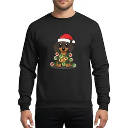 Dachshund Lovers' Whimsical Brown Dachshund Red Santa Hat Green Red Christmas Lights Design Sweatshirt
