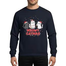 Cat Lovers' Whimsical Cartoon Christmas Cats Red Yellow Lights 'MEOWY CATMAS' Black Design Sweatshirt