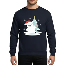Holiday Enthusiasts' Cute Polar Bear Red Santa Hat Snowy Scene Icy Blue-Grey Christmas Tree Red-Orange Ornaments Sweatshirt