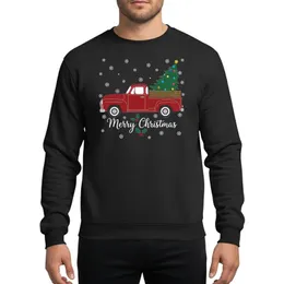Christmas Enthusiasts' Vintage Deep Red Pickup Truck Green Tree Yellow Blue Purple Ornaments White Snowflakes Sweatshirt