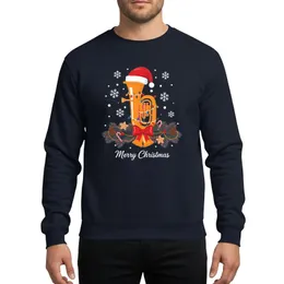 Tuba Music Lovers' Crisp Vector Bright Yellow Tuba Red Santa Hat Colorful Lights Snowy Pine Garland Gold Bells & Merry Christmas Sweatshirt