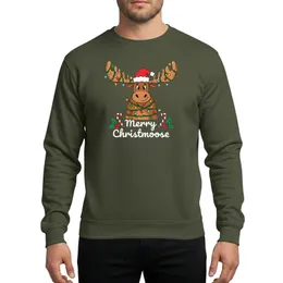 Christmas Enthusiasts' Whimsical Moose Entangled in Colorful Red Green Blue String Lights, Santa Hat & Merry Christmoose Text Sweatshirt