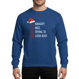 Christmas Humor Fans' Playful Hand-Drawn Red White Naughty Nice List Checkbox with Checked Trying to Look Busy & Santa Hat Sweatshirt