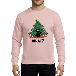 Cat Lovers' Mischievous Black Cat Christmas Tree Chaos with Red Ornaments Golden Bells "WHAT?" Cartoon Sweatshirt