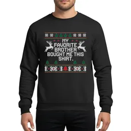 Sibling Festive Ugly Sweater Pixel Art: White 'My Favorite Brother Bought Me This' Text, Reindeer, Snowflakes, Red Bell Sweatshirt