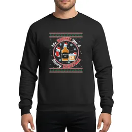 Adult Holiday Drinkers' Black Ugly Sweater Style Whiskey Bottle Glass Santa Hats Red Green Pine Tree Snowflakes Design Sweatshirt