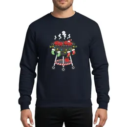 Holiday Grill Masters' Vibrant Cartoon BBQ Grill with Two Sizzling Red Steaks, Santa Hat, Multicolor Christmas Lights, & Candy Cane Stripes Sweatshirt