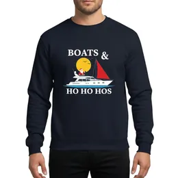 Boating Christmas Enthusiasts' Festive Nautical White Yacht Red Sail Santa Blue Water Yellow Sun 'BOATS & HO HO HOS' Text Sweatshirt