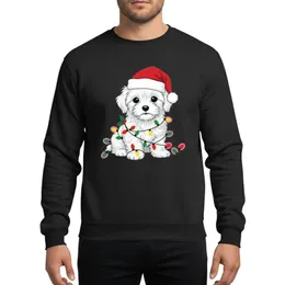 Christmas Dog Lovers' Detailed Fluffy White Maltese Puppy Red Santa Hat Colorful Christmas Lights Holly Berries Sweatshirt