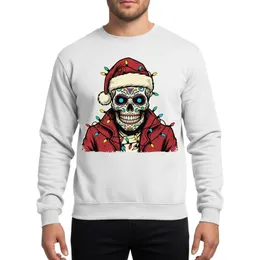 Edgy Holiday Style Distressed Comic Art Sugar Skull Santa Hat Electric Blue Eyes Teal Crimson Christmas Lights Sweatshirt