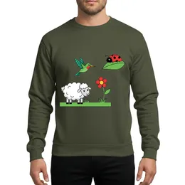 Whimsical Holiday Lovers' Magenta Cartoon Fluffy Sheep, Red Ladybug, Green Hummingbird Design Sweatshirt