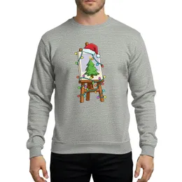 Christmas Painters' Warm Brown Easel Santa Hat Canvas Vibrant Green Tree Multicolor Christmas Lights Cartoon Sweatshirt