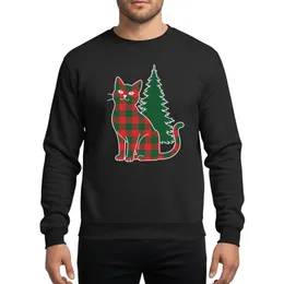 Christmas Cat Lovers' Red Buffalo Plaid Cat Silhouette Forest Green Tree Graphic Sweatshirt