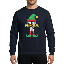 Family Christmas Group Whimsical Green Elf Hat Red Trim Yellow 'Principal Elf' Text Candy Cane Striped Legs Gold Bells Sweatshirt