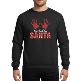 Holiday Cheer Advocates' Vibrant Red Distressed Handprints, 'Touched by SANTA' Grunge Typography, White Christmas Icons Sweatshirt