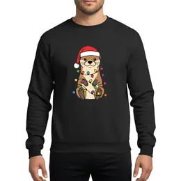 Holiday Fans' Charming Cartoon Otter, Red Santa Hat, Creamy Face, Tangled Vibrant Multi-Color Christmas Lights, Bold Flat Color Style Sweatshirt