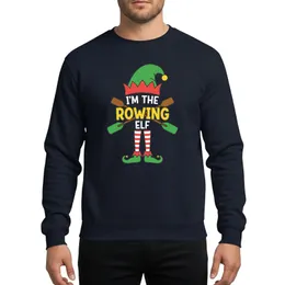 Holiday Enthusiasts Whimsical Elf Rowing Design, Green Hat, Bold Yellow Text, Striped Red Stockings, Golden Bells Sweatshirt