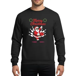 Christmas Celebrators & Bowling Enthusiasts Vibrant Bowling Santa with Red Ball, White Pins, Green Holly, and Festive Merry Christmas Script Sweatshirt