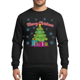 Holiday Enthusiasts' Vibrant Cartoon Christmas Tree, Red Blue Gold Ornaments, Festive Gifts & Merry Christmas Text Sweatshirt
