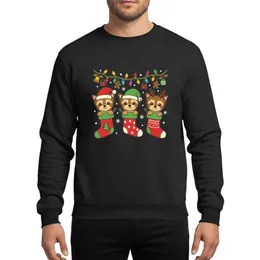Yorkie Lovers' Whimsical Cartoon Yorkshire Terrier Puppies in Festive Red Christmas Stockings with Holiday Hats, Lights & Ornaments Sweatshirt