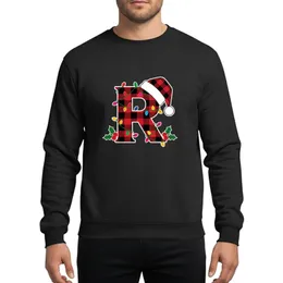 Festive Initial Lovers Red Black Buffalo Plaid Letter R Christmas Santa Hat & Draped Lights Holly Sweatshirt