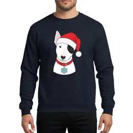 Christmas Dog Lovers' White English Bull Terrier Puppy Black Eye Patch Red Santa Hat Blue Snowflake Graphic Sweatshirt