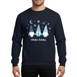 Winter Solstice Enthusiasts' Whimsical Three Gnomes Holding Hands Navy Sky Icy Blue Snowflake Hat Crescent Moon Art Sweatshirt