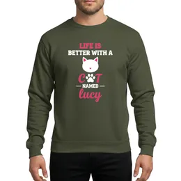 Cat Parents' Hot Pink White Minimalist Cat Head & Paw Print Graphic with Life Is Better With A Cat Named Lucy Typography Sweatshirt