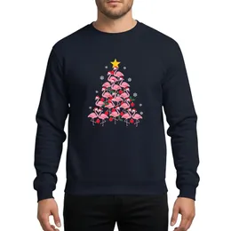 Holiday Bird Lovers' Whimsical Pink Flamingo Christmas Tree with Red Santa Hats, Holly, Yellow Star Sweatshirt