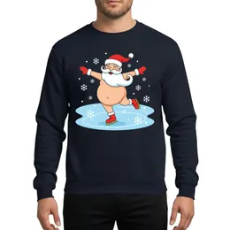 Festive Humor Fans' Humorous Cartoon Santa Belly Exposed Ice Skating Red Hat Mittens Sweatshirt
