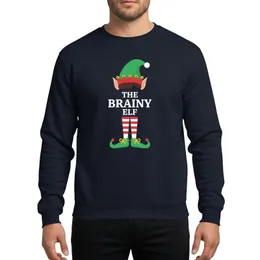 Whimsical Holiday Celebrants Green Elf Hat Golden Bells Red Band 'THE BRAINY ELF' White Text Red Striped Socks Green Elf Shoes Sweatshirt