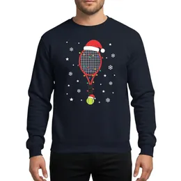 Tennis Player's Christmas Red Tennis Racket & Neon Ball with Santa Hats, Multi-Color Christmas Lights, White Snowflakes Black Sky Sweatshirt