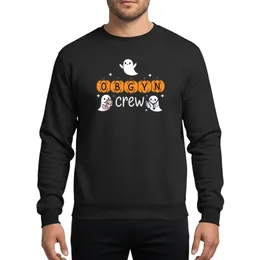 OBGYN Crew Halloween Whimsical Orange Pumpkins O B G Y N Letters Friendly Ghost Trio Baby Stethoscope Bottle Pink Blue Accents Cartoon Art Sweatshirt