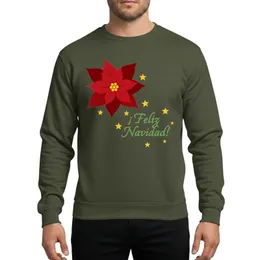 Holiday Celebrators' Bold Deep Red Poinsettia Green Feliz Navidad Script Yellow Stars Black Rectangle Frame Festive Floral Sweatshirt