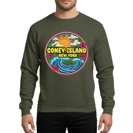 Coney Island Vacationers Vibrant Cartoon Design, Yellow Bubbly Text, Orange Sun, Blue Waves, Green Leaves & Pink Hibiscus Sweatshirt