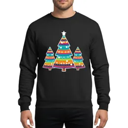 Holiday Enthusiasts' Folk Art Stylized Evergreen Trees, White-Outlined Star Tree, Vibrant Geometric Banded Patterns in Turquoise, Orange, Red, Lime, Magenta, Indigo Sweatshirt