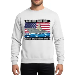 Military Veterans' USS Bon Homme Richard CVA-31 Carrier, Distressed American Flag, Bold Stencil Text, Grunge Graphic, Flat Gray, Navy, Crimson Sweatshirt