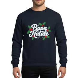 Italian Christmas Enthusiasts' Vibrant Hand-Lettered Buon Natale White Pale Blue Outline Script with Green Holly & Red Berries Sweatshirt