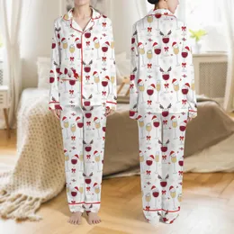 Women's Whimsical Christmas Wine Glass Pattern: Santa Hats, Reindeer Antlers, Colorful String Lights, Red Berries on White Satin Pajamas Set