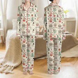 Women's Retro Christmas Tis The Season Whimsical Santa Snowmen & Holiday Phrases Pattern Satin Pajamas Set