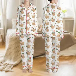 Sloth Lovers' Whimsical Christmas Sloths White Print with Red Santa Hats, Holly & Candy Canes Satin Pajamas Set