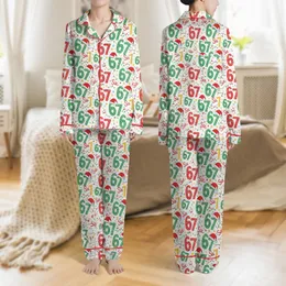 Festive Humor Enthusiasts' Whimsical Red Green White Six Seven Number Pattern with Polka Dots, Santa Hats, Holiday Lights, & Gold Stars Satin Pajamas Set