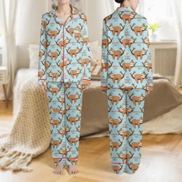 Sloth Lovers' Whimsical Cartoon Sloths, Brown & Cream, Dark Branches, Playful Phrases on Sky Blue Pattern Satin Pajamas Set