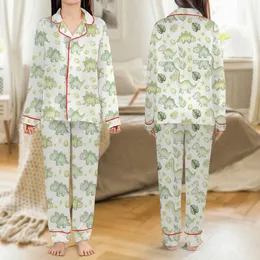 Women's Dinosaur Lovers' Whimsical Watercolor T-Rex Triceratops Mint Olive Green Tropical Leaf Pattern on White Satin Pajamas Set
