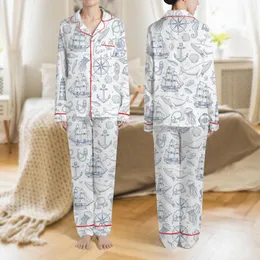 Women's Fine Blue Linework Vintage Nautical Marine Tapestry of Ships, Anchors, Seahorses Satin Pajamas Set