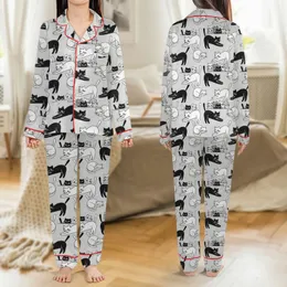 Cat Lovers' Charming Black White Gray Cartoon Cats Playful Poses Seamless Pattern Satin Pajamas Set