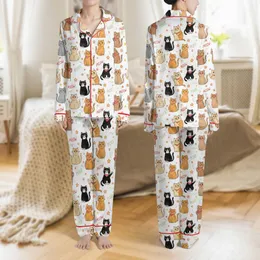 Women's Whimsical Hand-Drawn Cartoon Cats with Red Star Accents & Meow Purr Text Satin Pajamas Set