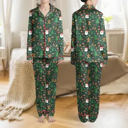 Family & Friends Deep Forest Green Festive Gingerbread Santa Snowflake Candy Vector Pattern Satin Pajamas Set