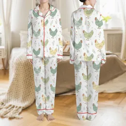 Women's Hand-Drawn Whimsical Chicken & Botanical Farm Pattern Muted Teal Sage Yellow Satin Pajamas Set